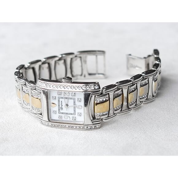 Brighton Turin Watch Two Tone Gold Silver Rhinestone Crystal Retired 7" Works - Picture 1 of 13